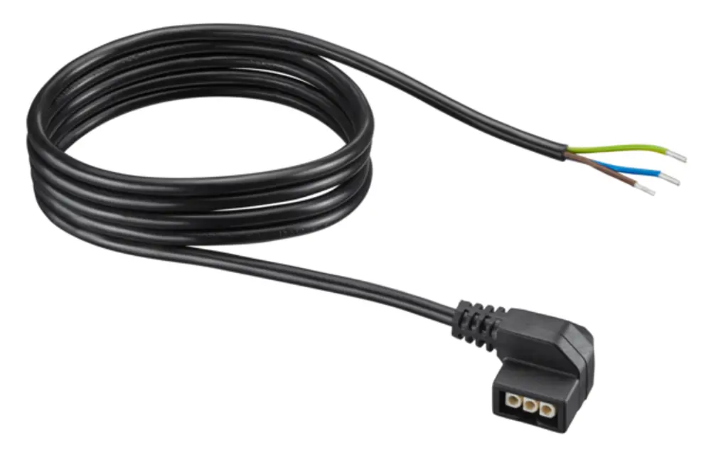Netzkabel mit Winkelstecker, bestehend aus einem schwarzen Kabel und drei farbigen Leitungen (grün, braun, blau). Geeignet für Oventrop Produkte und Pumpen von Wilo und Grundfos.